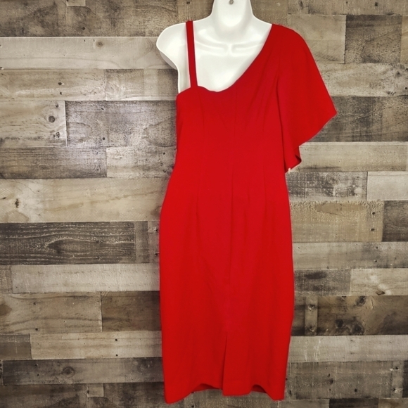 Trina Turk Upbeat One Flounce Shoulder Sheath Dress In Sangria - Picture 5 of 9